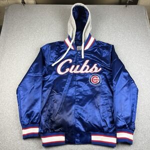 Chicago Cubs Jacket Mens Large Snap GIII Carl Banks Blue Hooded Satin Bomber MLB
